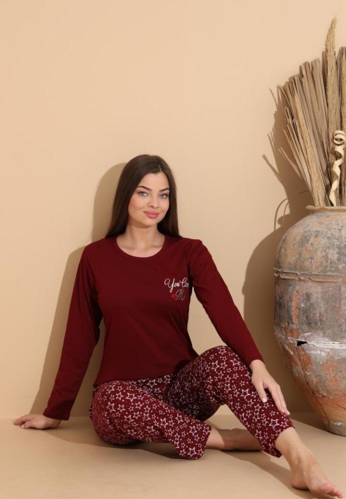 Pijama Dama „You Can M'" ,Pantaloni si Maneca Lunga,Culoare Visiniu,Engros